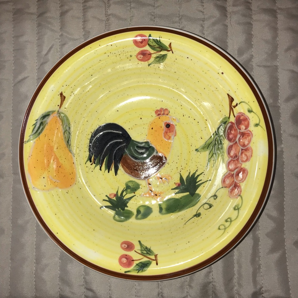 Hand Painted Tuscan Rooster Serving Bowl Chicken Farmhouse Decor 8.5” Yellow